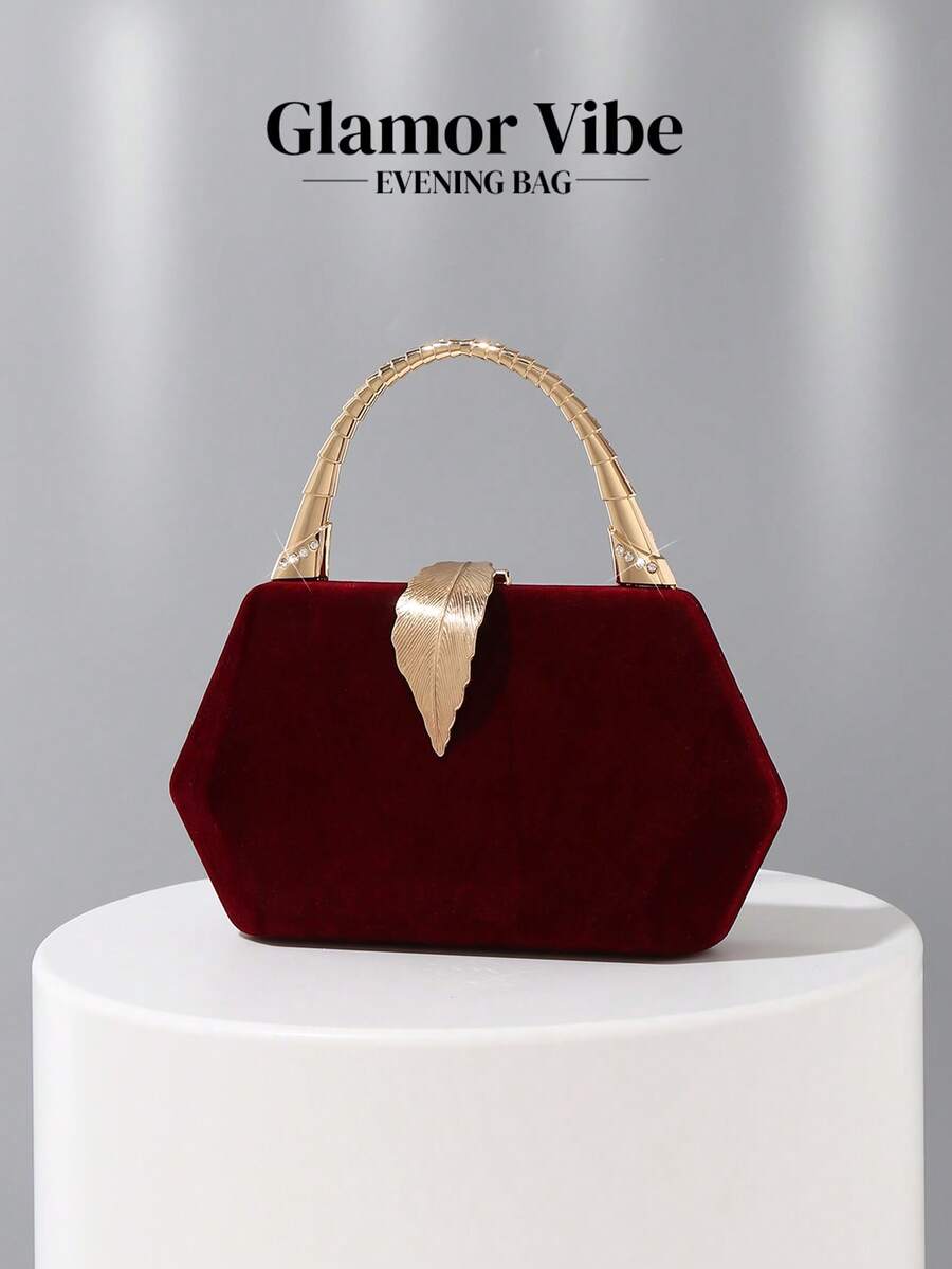 Glamor Vibe Elegant Velvet Evening Clutch Bag, Decorated With Gold Feathers, Suitable For Party Dresses, Vintage Style Velvet Handbag, Formal Occasion Evening Bag, Suitable For Ball, Wedding, Party, Cocktail Party, Birthday Party, As Birthday Gift, Bridal Clutch - Burgundy - View 1