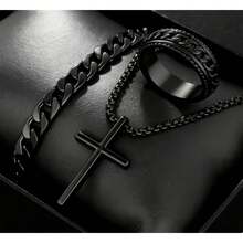 Three-Piece Men's Necklace Set With A Cross Pendant, Ring, And Bracelet. Ideal Father's Day Gift. Stylish Jewelry For Everyday Wear. - 黑色 - 查看 5