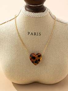 1 chiếc dây chuyền mặt hình trái tim họa tiết da báo tối giản, phù hợp cho nữ giới đeo hàng ngày. - Vàng - Xem 5