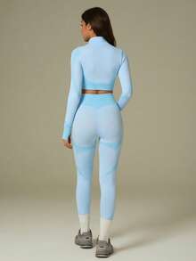 UONNOU Bộ đồ thể thao nữ 2 món, áo dài tay và quần định hình, trang phục thường ngày ngoài trời cho nữ, đồ thể thao, đồ định hình, đồ ôm sát, kiểu áo khoác, kiểu áo khoác mô tô, cổ đứng, khóa kéo toàn thân, thiết kế lỗ xỏ ngón tay thể thao, áo siêu ngắn ôm sát, nâng mông, làm thon gọn eo và bụng, tạo dáng chân và giúp bạn trông thon gọn hơn, quần thể thao ôm sát, độ co giãn cao và khả năng định hình tốt, vải dệt kim mềm mại không đường may, thích hợp cho các hoạt động thể thao và ngoài trời, yoga, tập gym, chạy bộ, sinh hoạt hàng ngày, đi làm, tiệc tùng và lễ hội, v.v., bộ đồ thể thao và ngoài trời thời trang cho mọi mùa, phong cách thu đông, xuân hè. - Xanh da trời - Xem 7