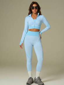 UONNOU 三件套女士运动服套装，包括文胸+长袖上衣+长裤塑形套装，女士户外休闲服，运动服，塑形服，紧身服，夹克款式，机车风格，立领，全开拉链，运动拇指孔设计，交叉肩带文胸背心，超短塑形上衣，提臀，收腰收腹，塑造腿部线条，让您看起来更苗条，运动紧身长裤，高弹力高塑形，蜂窝无缝针织柔软面料，适合运动和户外活动、瑜伽、健身、跑步、休闲日常、通勤、聚会和节日等，时尚运动户外套装，适合所有季节，秋冬春秋皆宜。 - 天藍色 - 查看 10