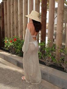 MORI 2026春夏新款女士驼色圆领露背针织长裙罩衫，质地细腻闪亮，波西米亚风，优雅派对礼服，展现柔美女性魅力，适合海滩度假、浪漫海滩之旅、夏季度假等场合。 - 駝色 - 查看 2