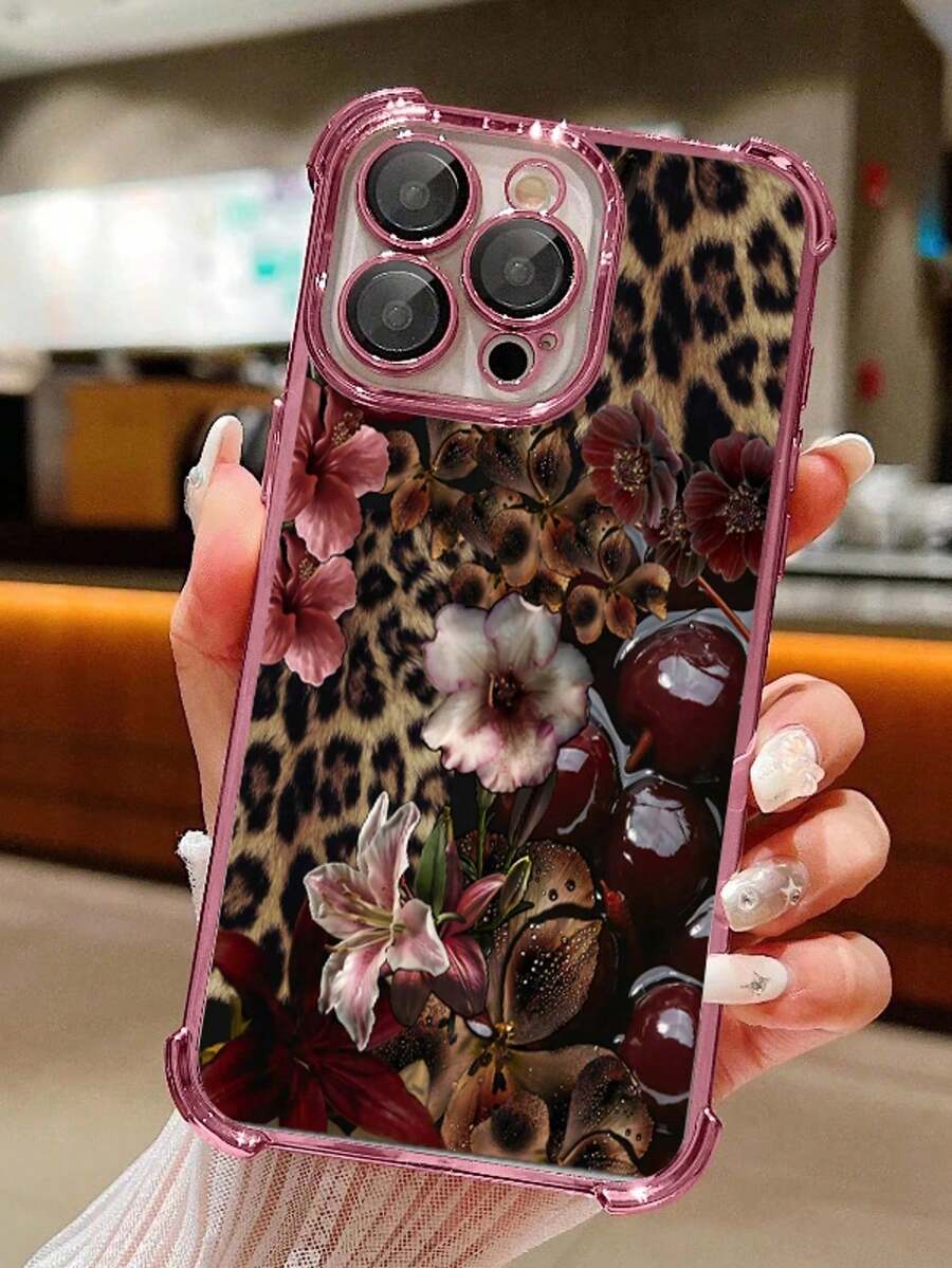 1pc Leopard Cherry Flowers Compatible For IPhone 17 /16/ 15/ 14/ 13/ 12/ 11/ Plus/ Pro/ Pro Max 17Air And Galaxy S25/S24 Plus/S23/S22/S21 Ultra ,Four Corner Anti Fall Transparent Soft Shell Anti-Slip, Anti-Drop, Camera Lens Protection, Silicone Anti Wear Phone Case - Hồng - Xem 1