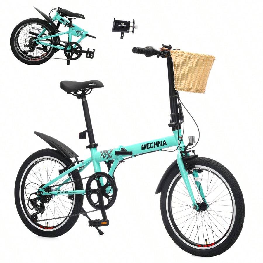20 Inch Folding Bike For Adults With Basket Phone Holder And Fenders Steel Frame 6-Speed City Commuter Dual V-Brake Portable Compact Bicycle For Men And Women - Green + Steel + Garden & Outdoor1 - View 1