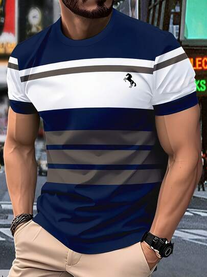 KOVSEE Men's Casual Sports T-Shirt - Horse Shaped Pattern, Suitable For Outdoor, Commuting, Vacation, Machine Washable, Comfortable For All Seasons, Daily Fashion Wear | Round Neck T-Shirt