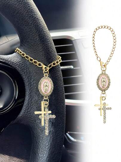 1pc Virgin Mary Pendant With Rhinestones Steering Wheel Decor, Multi-Color Options; Catholic Pendant, Car Accessory, Cross Keychain, Adjustable Chain, Fashionable Accessory
