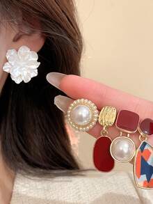 طقم أقراط مزين بزهور راتنجية وخرز مصطنع، طراز هونغ كونغ الرجعي أنيق وأنيق - أحمر-أبيض - مشاهدة 1