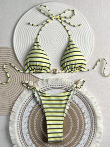 2pcs Textured Fabric Resin Buckle Fashionable Women Bikini Swimsuit - Multicolor - View 2