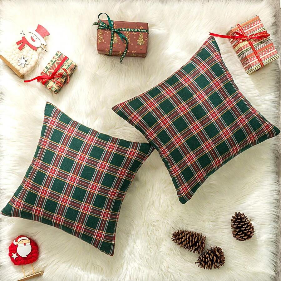 2PCS Christmas Plaid Decorative Pillow Covers, Tartan Cushion Covers, Suitable For Farmhouse Holiday Decor, Red And Green Color Scheme - Red and Green - View 1