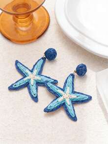 1Pair Bohemian Sea Star Earrings Handmade From Natural Rafia Grass - Suitable For Daily And Vacation Wear - Multicolor - View 1
