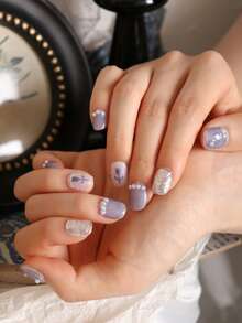 10pcs Press On Nails Kit Silvery Tulip Fake Nails Short Office DailyWear False Nails Artificial Nails Kit Includes 1sheet Adhesive Tabs &1 Pc Mini File Nail Supplies - Multicolor - View 2