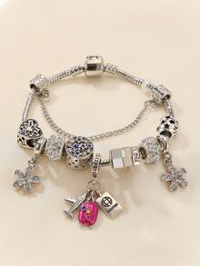 1pc European & American Style DIY Beaded Bracelet With Airplane & Suitcase Pendant, Suitable For Daily Wear As Gift For Friends - Multicolor - View 3