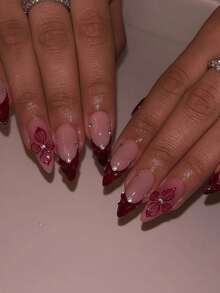 24pcs Y2K Hot Girl French Almond-Shaped Resin Nails-Sheer Base Wrapped In Burgundy Petals With Diamond Accents, A Sweet-Edgy Manicure. - Multicolor - View 4