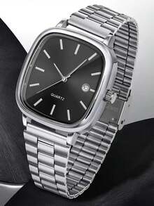3-Piece Elegant Men's Silver Watch Set, Including 1 Square Black Dial Quartz Watch (Silver Metal Strap), 1 Silver Chain Bracelet, And 1 Black PU Leather Wallet. The Overall Style Is Steady And Graceful, Showcasing Fashionable Charm. - Silver - View 3