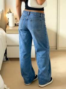 MYOURSA Jeans de pierna ancha y cintura baja holgados para mujer, estilo vintage desgastado de streetwear Y2K y estilo casual de campus para primavera - Azul lavado medio - Ver 2