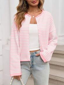 Womens Striped Cardigan Casual Long Sleeve Open Front Button Down Loose Knit Lightweight Fall Sweaters - 棕色 - 查看 1