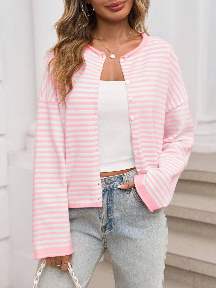 Womens Striped Cardigan Casual Long Sleeve Open Front Button Down Loose Knit Lightweight Fall Sweaters - 棕色 - 查看 1