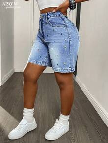 Quần short Bermuda denim cotton wash dành cho nữ, trang trí đính đá nhiều màu sắc, phong cách đường phố quyến rũ, thoải mái và thoáng khí, kiểu quần casual đa năng cho mùa hè. - Rửa nhẹ - Xem 4