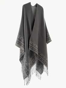 2025 Nuevo Chal de Otoño e Invierno Bufanda Estrella Jacquard Flecos Chaleca de Punto de Alta Calidad Estilo Retro - Gris - Ver 3