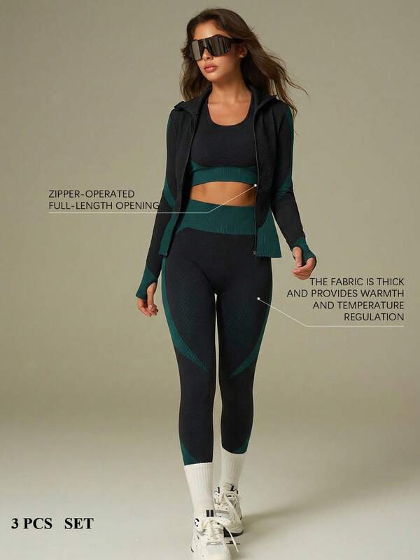 UONNOU 三件套女士运动服套装，包括文胸+长袖上衣+长裤塑形套装，女士户外休闲服，运动服，塑形服，紧身服，夹克款式，机车风格，立领，全开拉链，运动拇指孔设计，交叉肩带文胸背心，超短塑形上衣，提臀，收腰收腹，塑造腿部线条，让您看起来更苗条，运动紧身长裤，高弹力高塑形，蜂窝无缝针织柔软面料，适合运动和户外活动、瑜伽、健身、跑步、休闲日常、通勤、聚会和节日等，时尚运动户外套装，适合所有季节，秋冬春秋皆宜。