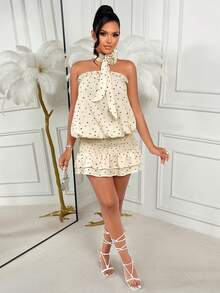 Amarilo Women'S Heart Print Strapless Mini Dress - Valentine'S Day, Waist-Cinching Cake Layer, Ruffled 3D Floral, Tie-Up, Spring/Summer - Apricot Base With Black Heart - View 4