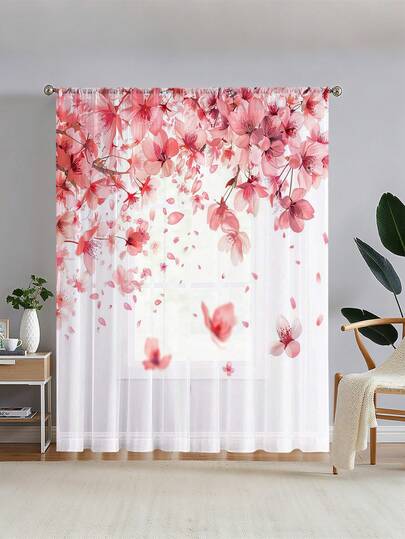 1 pieza Cortina con estampado digital 2D de Sakura rosa, decoración del hogar fresca y romántica, semi-opaca para sala de estar y dormitorio, que mejora la estética espacial