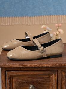 女士时尚方头低帮棕色卡其色鞋，办公休闲百搭鞋，户外休闲高端时尚玛丽珍鞋，春秋季 - 卡其色 - 查看 4