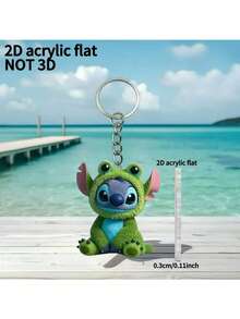 2D打印亚克力钥匙扣，绿色青蛙缝线设计，可爱包包挂饰，汽车钥匙扣，派对礼品钥匙扣，卡哇伊包包配饰，汽车钥匙链，拼写吊坠 - 送给朋友、家人或爱人的完美生日礼物，2D平面情人节礼物，粉色钥匙扣，斋月礼物 - 彩色 - 查看 3