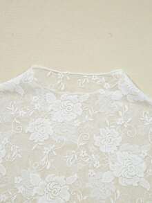 Sheer Floral Lace Mesh Turtleneck Long Sleeve Top - White - View 10