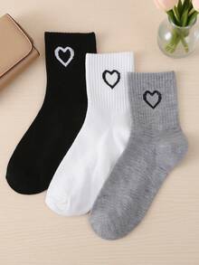 6 Pairs Heart Pattern Socks For Women, College Style Sports Socks, Autumn/Winter Mid-Calf Socks, Black & White - Multicolor - View 2