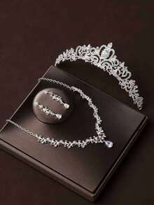 4入組女士鑽石水滴裝飾皇冠設計奢華頭帶和新娘珠寶套裝，適用於婚禮派對皇家頭饰 - 銀色 - 查看 1