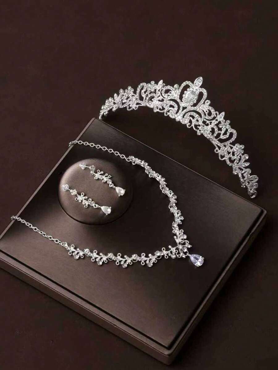 4入組女士鑽石水滴裝飾皇冠設計奢華頭帶和新娘珠寶套裝，適用於婚禮派對皇家頭饰 - 銀色 - 查看 1
