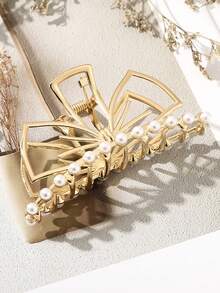 1个金色镂空蝴蝶结发夹，饰以仿珍珠 - 一款优雅的名媛风发饰，非常适合低发髻和日常通勤。女士发饰，优雅爪夹，时尚发夹。 - 金色 - 查看 9