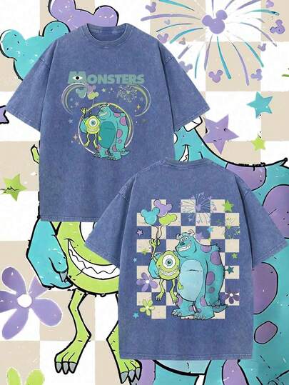  Disney Disney Monsters University Pattern, 100_ Pure Cotton Vintage Crew Neck Pullover, Comfortable Crew Neck T-Shirt, Suitable For Travel And Vacations, Unisex.