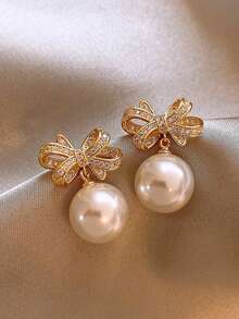 1对优雅仿珍珠耳环，女士款，镶钻蝴蝶结耳钉，派对及礼品 - 金黃色 - 查看 1