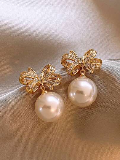1对优雅仿珍珠耳环，女士款，镶钻蝴蝶结耳钉，派对及礼品