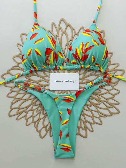 2pcs/Set Leaf Print Sexy Tie-Front Women Swimsuit Bikini, Suitable For Vacation, Beach, Stage And Concert, Summer
