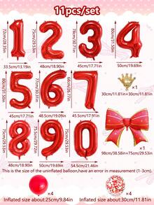 11pcs 32-Inch Red 0-9 Number Balloon Set, Large Bow Foil Balloon, Gold Crown Balloon, Red Latex Balloon For Birthday Party, Anniversary, Family Gathering Decoration - Multicolor - View 2