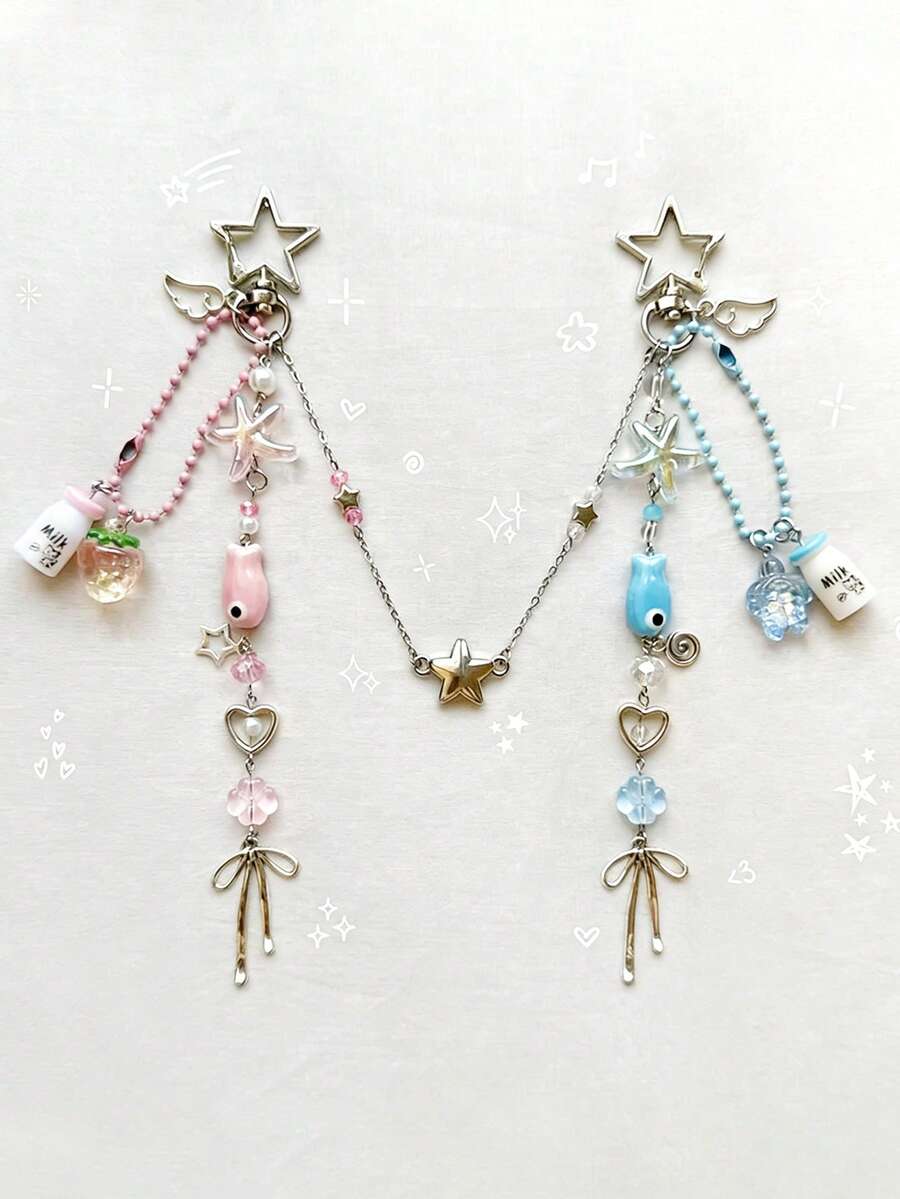 1PC Ocean Series Starfish And Small Fish Pendant Keychain For Girls Sweet Star Magnetic Friendship Backpack Pendant Mobile Phone Chain - one-size - View 1