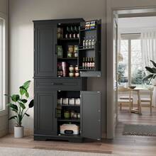 Despensa de cocina de 183 cm de alto, armario de madera con 4 puertas y 2 estantes ajustables para comedor, sala de estar y oficina en casa. - Negro - Ver 3