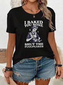 Women's Vintage Punk Rock Dark Style Graphic T-Shirt, Versatile For Spring/Summer, Printed Tee, Vacation Outfit, Summer Dress, Summer Top, Summer Fashion, Music Festival OutfitFashionable Women's Clothing - 黑色 - 查看 2