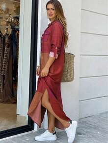 Casual Shirt Dress With Loose Long Sleeves, Button Front, Shirt Dresses For Women - 紅 - 查看 5