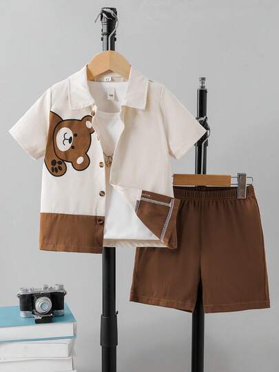 2pcs/Set Young Boy Cartoon Bear Print Color Block Short Sleeve Shirt And Shorts Set, Suitable For Summer, Casual, Holiday, Outdoor Daily Wear