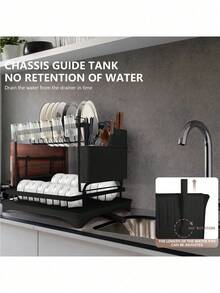 2 Tier Dish Drying Rack, Foldable Dish Drainer Metal Utensil Holder Drainage Space-Saving Drain Racks Are Suitable For Use In Women's Apartment Kitchens - màu đen - Xem 8