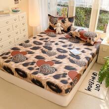 三件套床上用品，可爱豹纹爱心图案，柔软舒适，包含1个床笠和2个枕套，不含填充物，适合宿舍、卧室、家庭使用，多种尺寸可选 - 咖色 - 查看 8