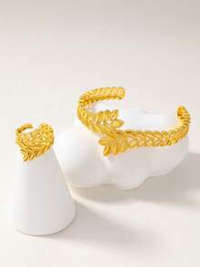 2pcs Fashionable Hollow Wheat Leaf Design Bracelet & Ring Set, Suitable For Daily Wear, Middle East Specific - Yellow Gold - View 7
