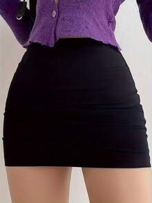 Women's Solid Color Short Tight Mini Skirt, Fashionable Polyester Design Spring Black - Black - View 1
