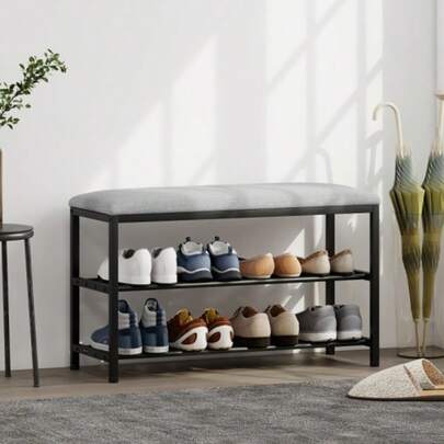 Skobänk med sits, bänk med förvaringsutrymme, skohylla med 2 öppna fack, bänk 81 x 31 x 50 cm svart