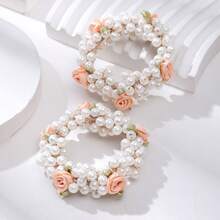 2 Piezas Bandas De Pelo Rosa Claro Decoradas Con Flores Y Perlas Adecuadas Para La Vida Diaria Y El Peinado De Moño De Las Niñas - Rosa coral - Ver 8