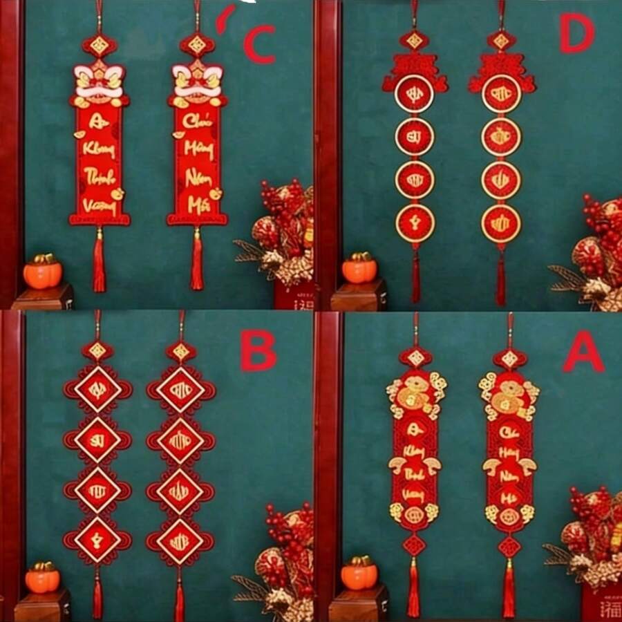 Decoraciones colgantes para el Año Nuevo vietnamita, decoraciones de tela, estilo chino, sin necesidad de electricidad, decoraciones colgantes de dísticos de Año Nuevo y Festival de Primavera vietnamita, adecuadas para celebraciones de Año Nuevo, dísticos de primavera, decoración de pared, decoración de habitación, decoración de ventana, decoración de entrada, decoración de fondo, decoración de exterior, decoración de jardín, símbolos tradicionales auspiciosos, que simbolizan la felicidad y la buena fortuna - Multicolor - Ver 1